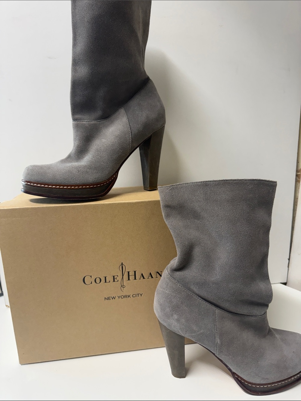 Cole Haan Gray Suede Platform Heeled Boots